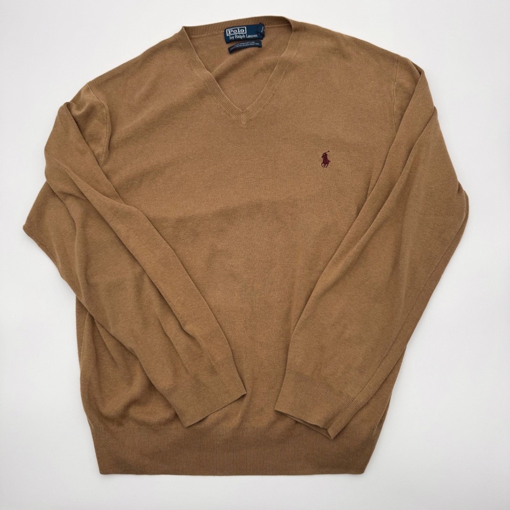 Polo Ralph Lauren Mens XXL Brown V-Neck Pima Cotton Knit Pony Logo Sweater